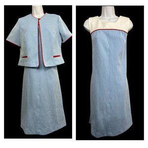Vintage 60s‎ Sears Dress & Jacket Set Sz 12 Blue White Pinstripes Red Trim